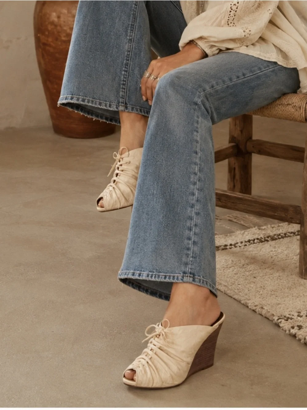 Frye Women’s Gwynn Leather Cream Lace-Up Wedge Mules